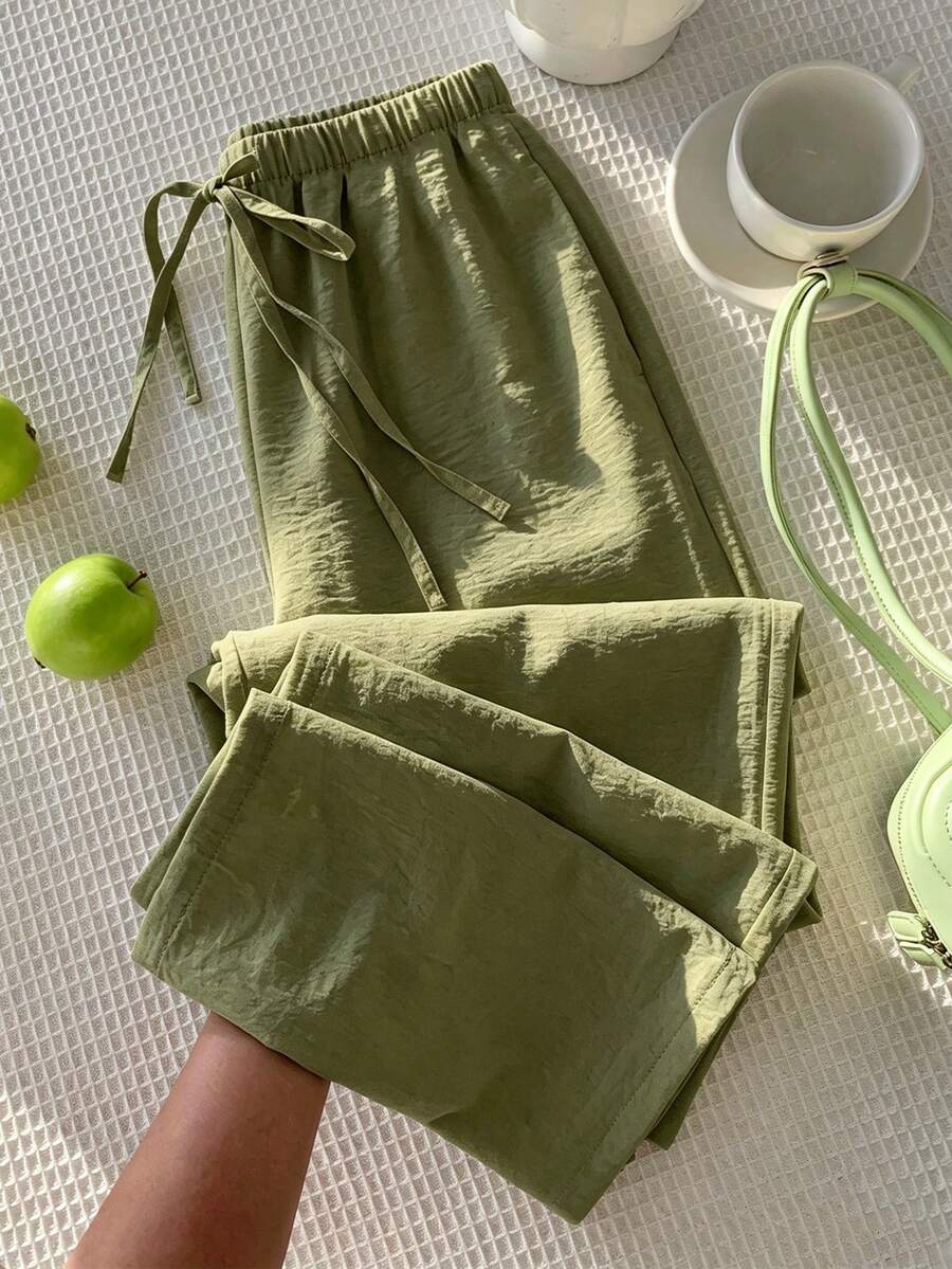 Olive Green Elastic Waist Drawstring Casual Pants, Women's Lightweight Breathable Loose Fit Flowy Wide Leg Trousers For Summer - Army Green - View 1