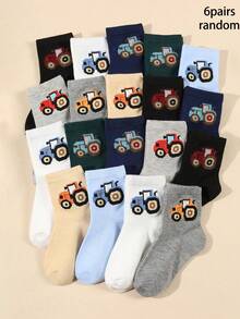 6 Pairs Kids Simple Car Pattern Casual Mid-Calf Socks, Suitable For All Seasons, Spring/Summer/Autumn/Winter - Multicolor - View 8