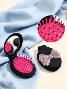 1 Mini Comb With Mirror, Dragon Fruit Color, Printed With Rhinestone Bow; Shining Accessories; Portable Travel Folding Comb, Women's Pocket Comb, Folding Airbag Comb, 2-In-1 Massage Comb - Multicolor - View 4