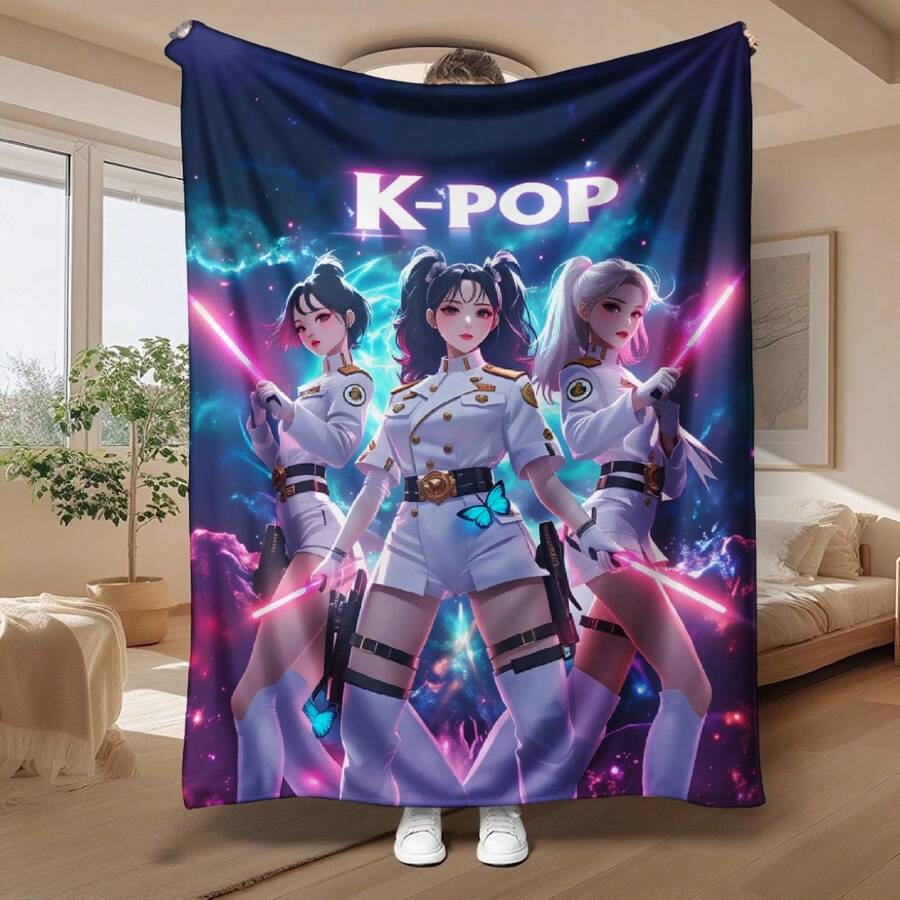 1pc K-Pop G-Irls With Lightsabers Blanket - Plush Suitable For Bedroom, Sofa & Office Use, Soft Skin-Friendly Flannel Bedspread With K-Pop Themed Print, Machine Washable Gift For K-Pop Fans, G-Irls Room Decor Flannel Blanket, Digitally Printed, Suitable For All Seasons, Perfect For Sofas, Beds, Offices, Camping, And Travel.Makes A Great Gift For Holidays, Weddings, Birthday Celebrations, And For Friends, Classmates, Best Friends, Sisters, Brothers, And Elders-280gsm - Nhiều màu - Xem 1