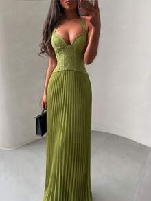 Elegant Sexy Spaghetti Strap Long Fitted Dress, Summer Green Lace Backless Ruffle Dress, Suitable For Outings, Cocktail Parties, And Formal Events - Green - View 7