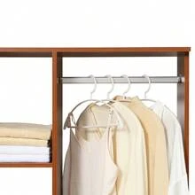 Open Wardrobe On Wheels Bedroom Wardrobe With Clothes Hanging Rail 3 Storage Shelves Mobile Garment Rack For Cloakroom Hallway Walnut - Walnut - View 9