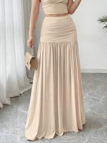 Chân váy maxi xếp ly cạp cao bằng vải lưới, trang phục đi nghỉ mát mùa xuân/hè. - Màu be - Xem 2