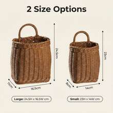 1 pieza Cesta de almacenamiento colgante de pared de ratán hecha a mano, adecuada para guardar cucharas, palillos, flores y artículos varios, cesta de almacenamiento portátil montada en la pared, decoración del hogar - albaricoque - Ver 9