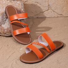 Women's Solid Color Fashion Slippers, Woven Lightweight Flat Sandals, Comfortable Beach Slippers - Coral Orange - View 10