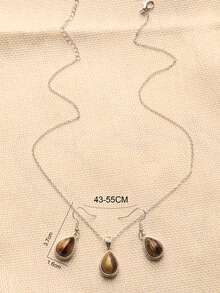 1 buah Kalung Bentuk Tetesan Air Mata Bertekstur Cokelat Vintage & 1 Pasang Anting yang Serasi - Coklat - View 3