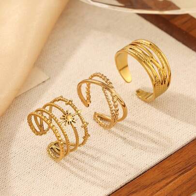 3件套不锈钢简约金色开口戒指套装，适合女性日常佩戴或作为礼物