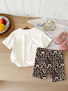 Baby Girl Cherry Print Short Sleeve T-Shirt And Leopard Print Shorts Set - White - View 2