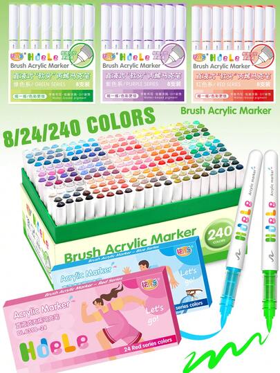Bộ 240 bút vẽ màu acrylic - 8/24 bảng màu. Mực đặc và chảy mượt mà, với phân loại màu sắc toàn diện hơn. Thích hợp cho thủ công mỹ nghệ và đồ dùng nghệ thuật, có thể dùng để tạo hình trên nhựa, thủy tinh, kim loại, tre, vải bố, đá, gốm sứ và vải dệt. Cũng thích hợp cho hội họa chuyên nghiệp. Đặc biệt thích hợp làm quà tặng cho học sinh nam/nữ, mùa tựu trường và phần thưởng cho giáo viên.