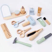 Kids Wooden Pretend Play Hairstylist Tool Set, Includes Scissors, Hair Dryer, Comb And Hair Accessories - Multicolor - View 7