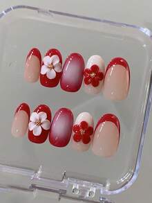 10 miếng dán móng tay thủ công hình hạnh nhân ngắn, họa tiết hoa 3D đỏ trắng ombre, thanh lịch và sang trọng, phù hợp cho mùa xuân, hè, thu, đông, các ngày lễ, tiệc tùng và sử dụng hàng ngày. - Đỏ - Xem 1