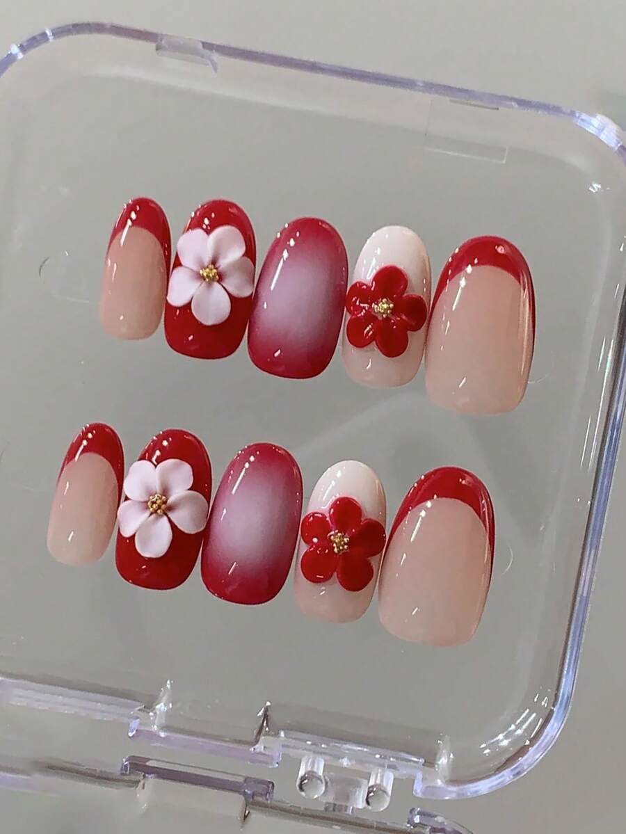10 miếng dán móng tay thủ công hình hạnh nhân ngắn, họa tiết hoa 3D đỏ trắng ombre, thanh lịch và sang trọng, phù hợp cho mùa xuân, hè, thu, đông, các ngày lễ, tiệc tùng và sử dụng hàng ngày. - Đỏ - Xem 1