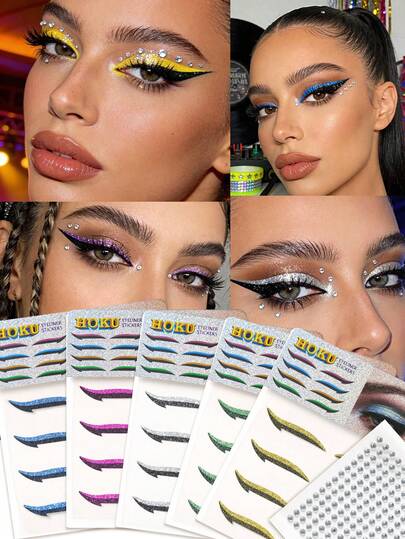 STARTTOOS Self-Adhesive Glitter Eyeliner Sticker Set, Multi-Color Options, Beginner Slouchy Eyeliner Stickers, Stage Makeup Eye Makeup Decor, Pearl Makeup Stickers, Flash Tattoo For Music Festival, Party, Wedding, Suitable For Hair, Eyes, Face, Body Decoration Rhinestones