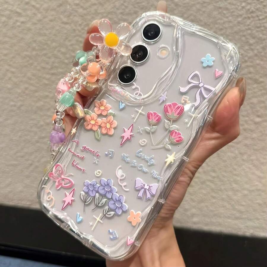 适用于三星 Galaxy S25 Ultra、S24 FE、A56、A16-5G、A17 的花卉蝴蝶图案手机壳，配有彩色串珠链和挂绳，也适用于三星 A15/A05s、S24/S24 Ultra、A36/A35-5G（米色图案）、A54/A55-5G/S25（带串珠链）、S22 Ultra/S23/A26。