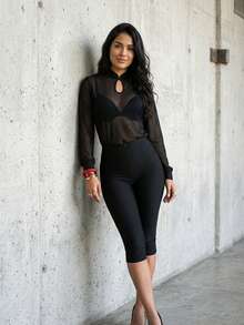 Women's Sheer Mesh Crop Top And High Waist Culottes Two Piece Set, Party Sets For Holiday Party Outfit And Special Occasions - màu đen - Xem 6