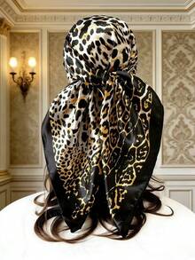 Boho 1 Pc 90cm Women Bandana Leopard Printed Square Scarf, Casual Sunscreen Head Wrap & Neck Scarf, Suitable For Nighttime Breast Wrapping, Sleeping And Daily Wear, Can Be Worn As A Square Scarf, Bandana, Headwrap Or Bandana Top - Black - View 4