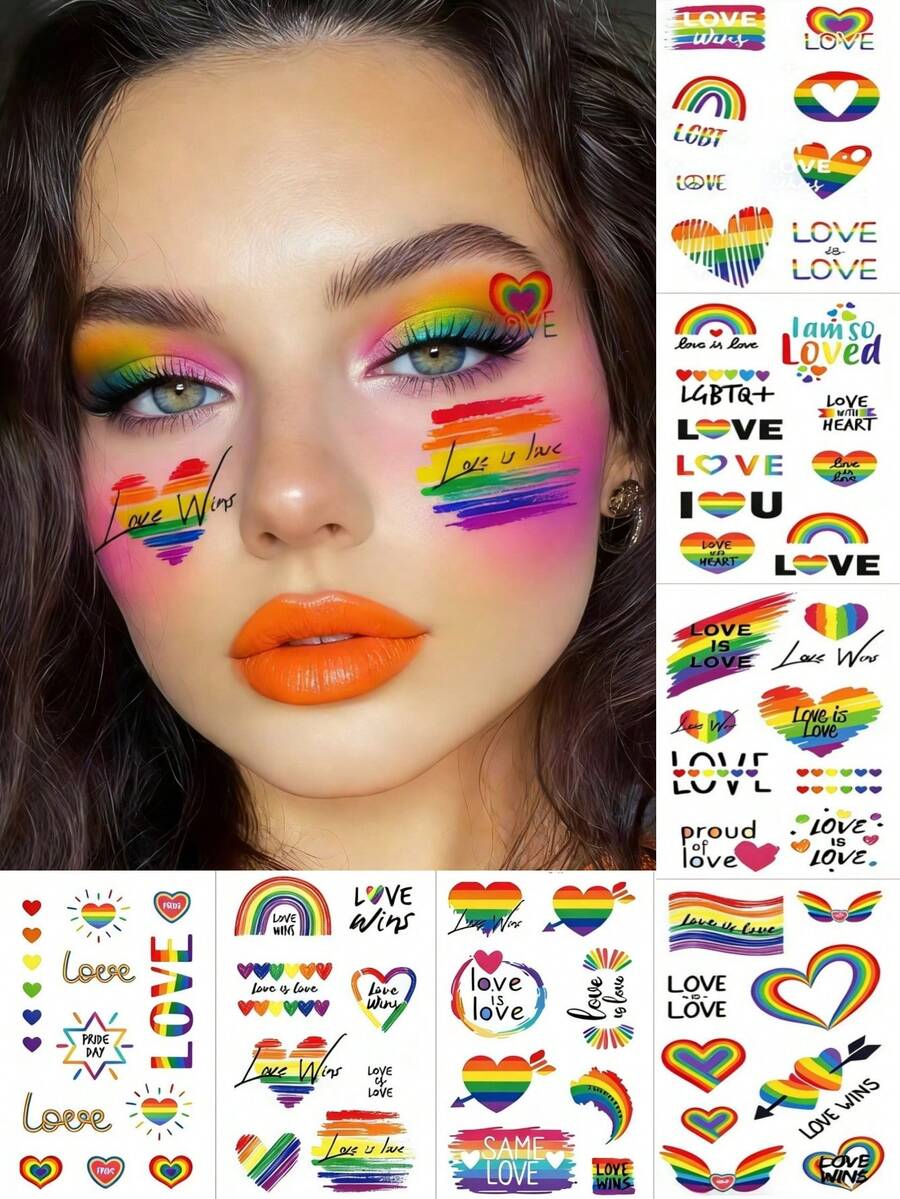 8 Sheets Pride Stickers Rainbow Tattoos Pride Body Stickers Cute Gay Pride Flag Rainbow Face Tattoo WaterProof Gay Stickers For Coachela Festival Halloween Beach Party Parade Accessories - Multicolor - View 1