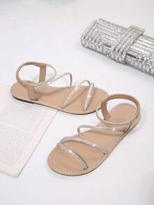 Nouvelles sandales d'été pour femmes, fines brides, strass en verre, style décontracté et mode, enfiler facilement, design minimaliste, bout rond, bande élastique, bride à la cheville, légères, idéales pour la plage et les vacances - Nude - Voir 6
