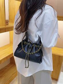 時尚菱形刺繡線女款小方包，編織雙鏈肩背斜挎包 - 黑色 - 查看 5