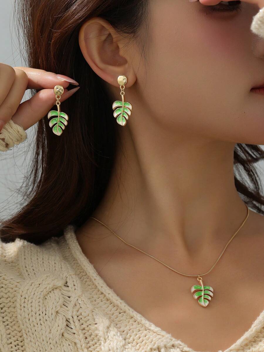 波西米亚风法式复古树叶项链套装，玳瑁竹珐琅吊坠耳环，极简ins风耳环 - 葉子 - 查看 1