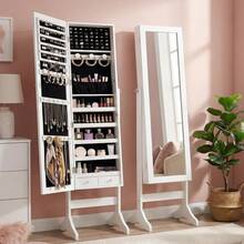 Antok Full Length Jewelry Cabinet With Mirror & Large Storage - 61" Standing Lockable Armoire Organizer, Floor To Ceiling Model For Bedroom Or Dressing Room, White - 白色 - 查看 1