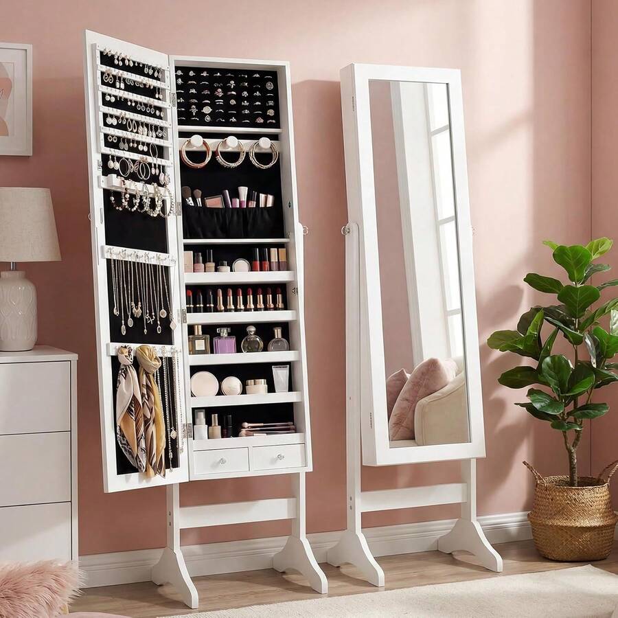 Antok Full Length Jewelry Cabinet With Mirror & Large Storage - 61" Standing Lockable Armoire Organizer, Floor To Ceiling Model For Bedroom Or Dressing Room, White - 白色 - 查看 1