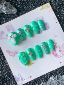 Móng giả dán màu xanh chanh, hình chữ thập, dáng ngắn hình hạnh nhân, họa tiết chấm bi đỏ tương phản, móng giả thủ công kiểu cánh Y2K, quà tặng ngày lễ - Nhiều màu - Xem 12