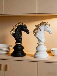 1件黑白国际象棋骑士雕塑，现代简约奢华金色点缀装饰棋子，家居办公室客厅书架桌面摆件，收藏礼品，创意室内装饰雕塑，马术主题家居装饰雕塑 - 多色 - 查看 7
