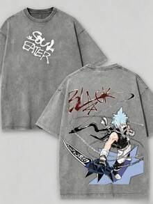 Soul Eater - Black Star Anime Washed T-Shirt, Double-Sided Cotton, Unisex Design, Japanese Manga Merchandise, Men's T-Shirt, Retro Black, Retro Streetwear2026 - 灰色 - 查看 6