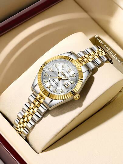 1件女士时尚休闲镶钻罗马数字表盘优雅石英手链腕表，不含表盒