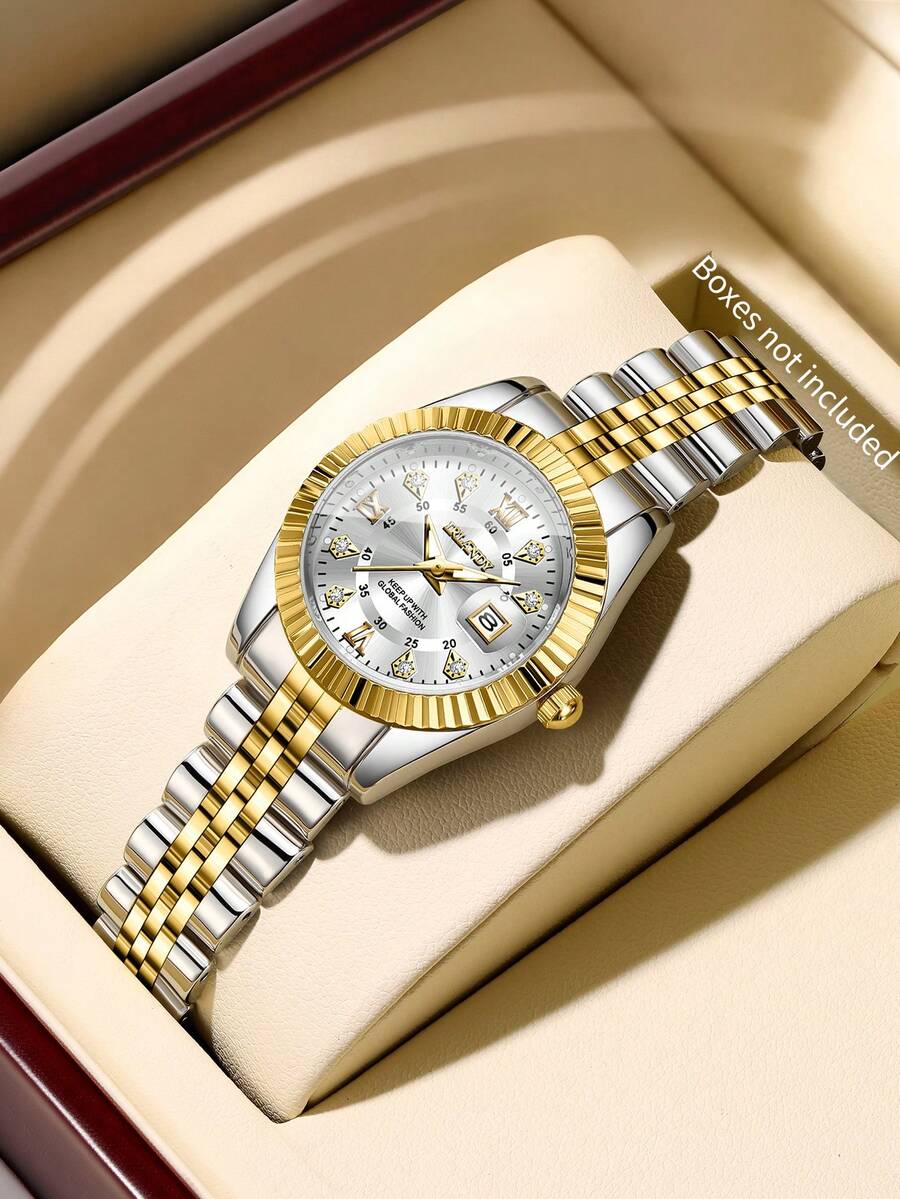 1件女士时尚休闲镶钻罗马数字表盘优雅石英手链腕表，不含表盒 - 彩色 - 查看 1