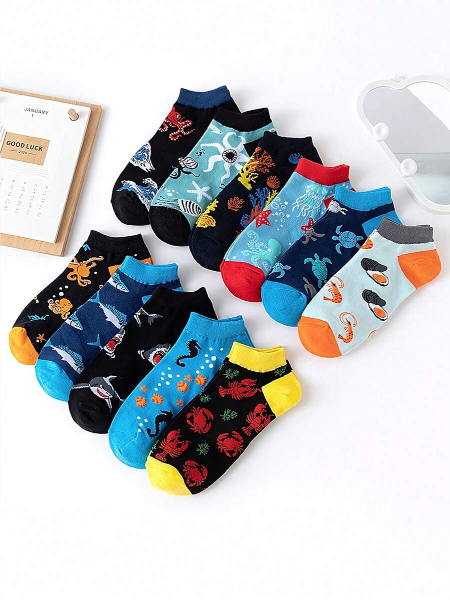 1/5/10 Pairs Women's Random Cartoon Animal Print Casual Invisible Boat Socks, Fashionable Comfortable Breathable Socks For Daily, Office, Leisure, Sports, Festivals, All Seasons - Multicolor - View 1