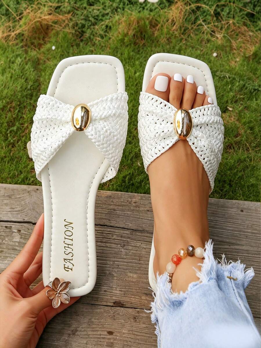 New Summer French Style Square Toe Slides For Women, Fashionable Fairy Style Flat Sandals, Versatile Outdoor Wear Slippers, Lightweight Comfortable Open Toe Slip-On Slides Perfect For Beach - Multiple Styles - View 1