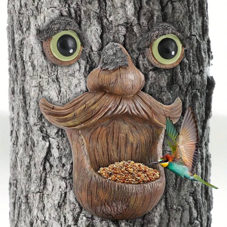 1pc Tree Face Bird Feeder, Elderly Face Glows In The Dark, Outdoor Tree Sculpture, Quirky Garden Decor And Yard Art, For Feeding Birds - A - View 9