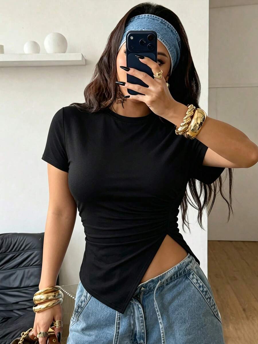 女士夏季新款简约时尚设计不对称肩部休闲不对称短袖修身T恤，百搭衬衫 - 黑色 - 查看 1
