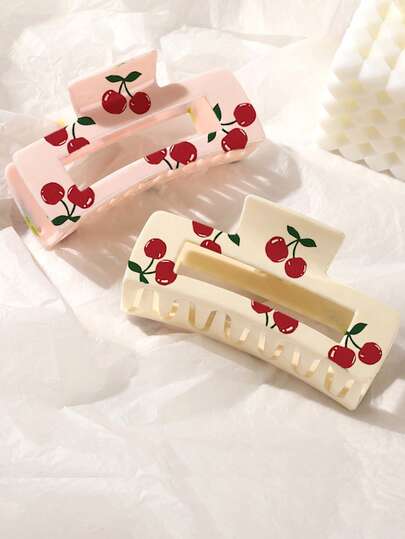 2pcs Y2K Style Cute Square Hollow Cherry Print Hair Clips, Versatile Hair Accessories For Women Suitable For Dates, Gatherings, Outings, And Daily Commute