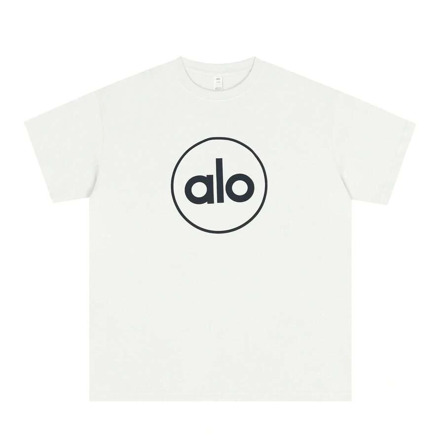 Alo Yoga Classic Circle Logo White Short-Sleeved T-Shirt, American Heavyweight Pure Cotton Loose Fit, Unisex Casual Top, Couple Style. - 查看 1