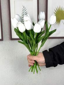 3/6 pièces Mini Tulipes Blanches Artificielles, Décoration de Maison de Mariage Fleurs Artificielles, Simulation de Tulipes - Blanc - Voir 9