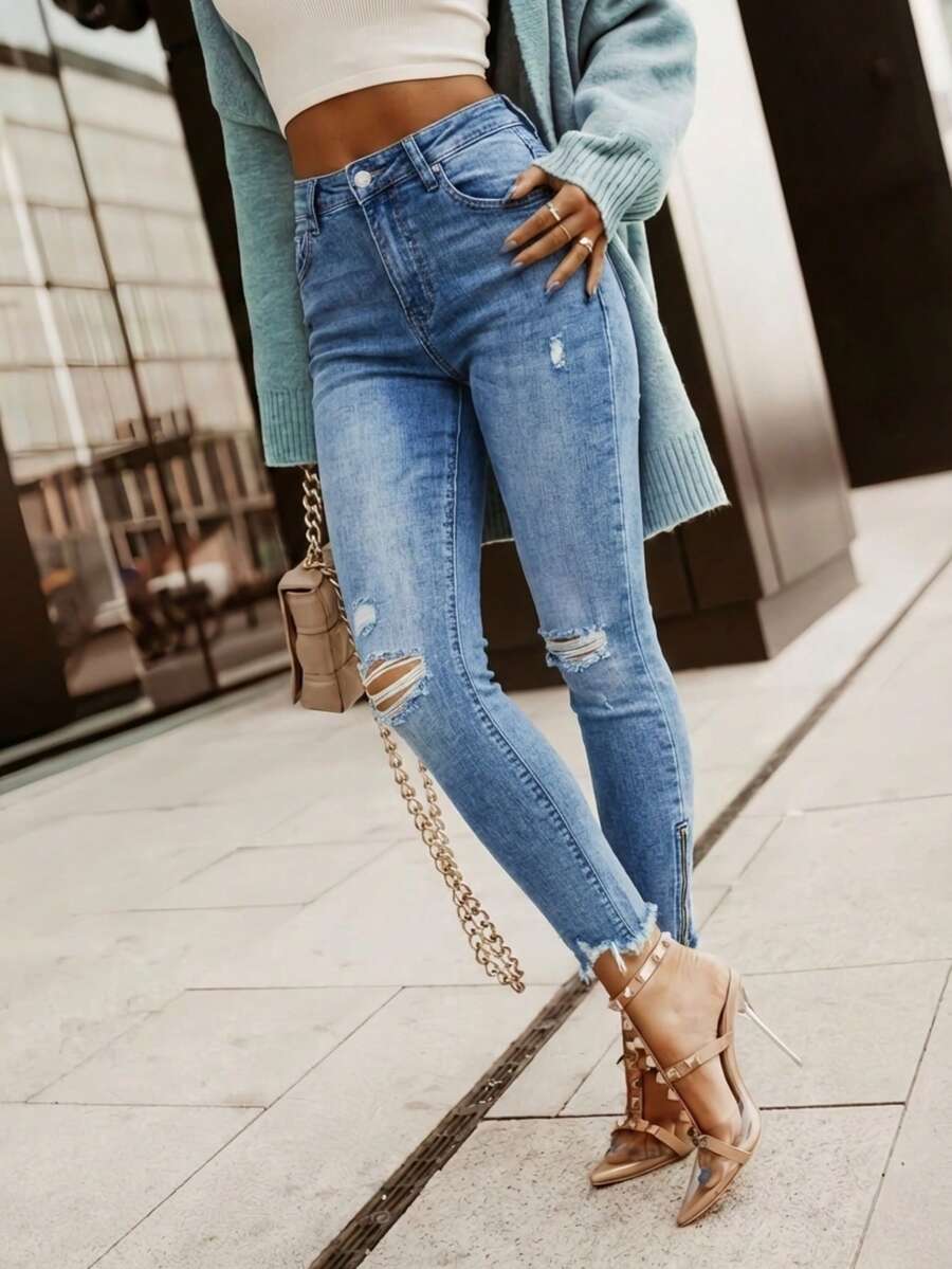 女士長褲牛仔褲skinny 帶彈性 口袋 舒適 牛仔褲 排紐簡約日常穿搭 - 拉鍊牛仔 - 查看 1