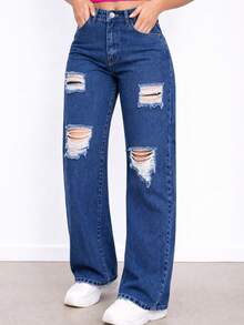 Women's Dark Blue Ripped Wide Leg Jeans, High Waist, Palazzo Style - 撕裂的藍色 - 查看 1