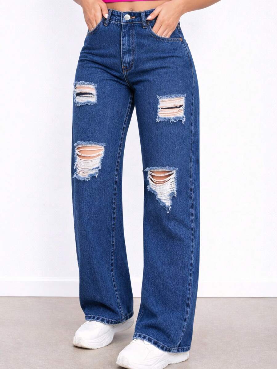 Women's Dark Blue Ripped Wide Leg Jeans, High Waist, Palazzo Style - 撕裂的藍色 - 查看 1