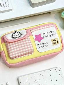 1 pieza Estuche de lápices con diseño de gato de color dopamina, bolsa de almacenamiento de papelería multifuncional de gran capacidad y muy atractiva, adecuada para estudiantes - Multicolor - Ver 6