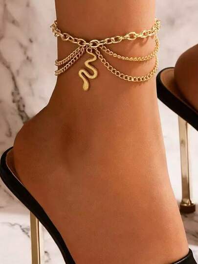 1 chiếc vòng chân nhiều lớp mặt dây chuyền hình rắn vàng thời trang, thích hợp cho phụ nữ đeo hàng ngày và đi nghỉ mát ở bãi biển.