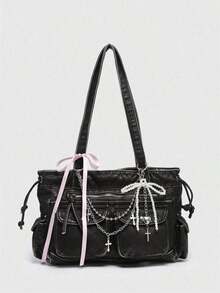 ROMWE Kawaii Women's Vintage Distressed Ombre Cross & Heart Charm Ribbon Tie Bow Decor Shoulder Tote Bag, Large Capacity Multifunctional Handbag - Denim Black - View 1