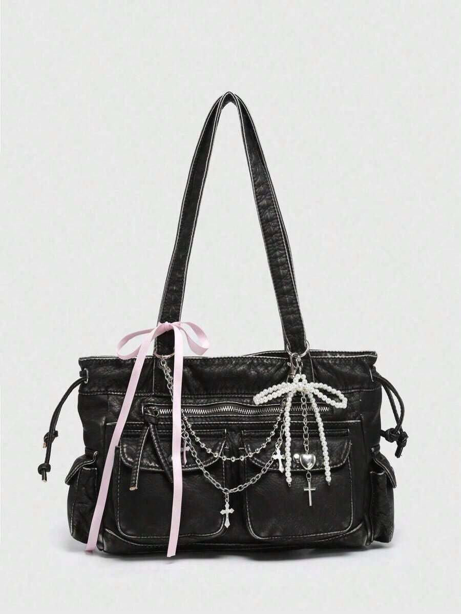 ROMWE Kawaii Women's Vintage Distressed Ombre Cross & Heart Charm Ribbon Tie Bow Decor Shoulder Tote Bag, Large Capacity Multifunctional Handbag - Denim Black - View 1