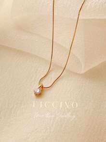FICCINO Classic Gold-Plated Round Cubic Zirconia Pendant Jewelry With Titanium Steel Snake Chain Necklace, Wearable For Daily Outfits/ Gift Set With Box For Festivals And Anniversaries MZRI - 534n - View 3