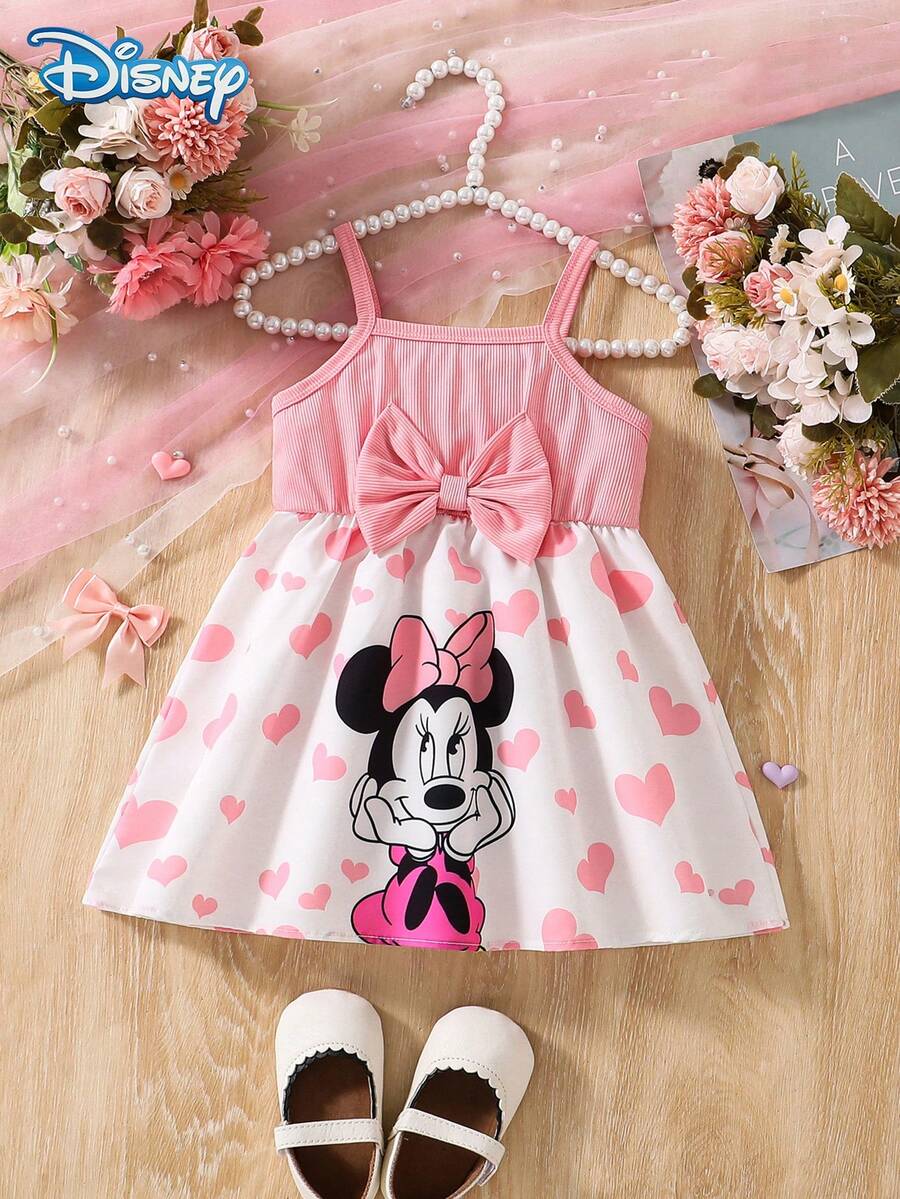 Disney 迪士尼夏季女童米妮爱心印花可爱无袖吊带连衣裙，儿童休闲假日爱心印花3D大蝴蝶结沙滩度假百搭连衣裙 - 粉色 - 查看 1