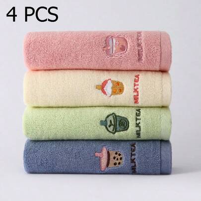 4pcs Spring Boba Tea Pattern Soft Cotton Embroidered Face Towels, Suitable For Daily Bathing Use
