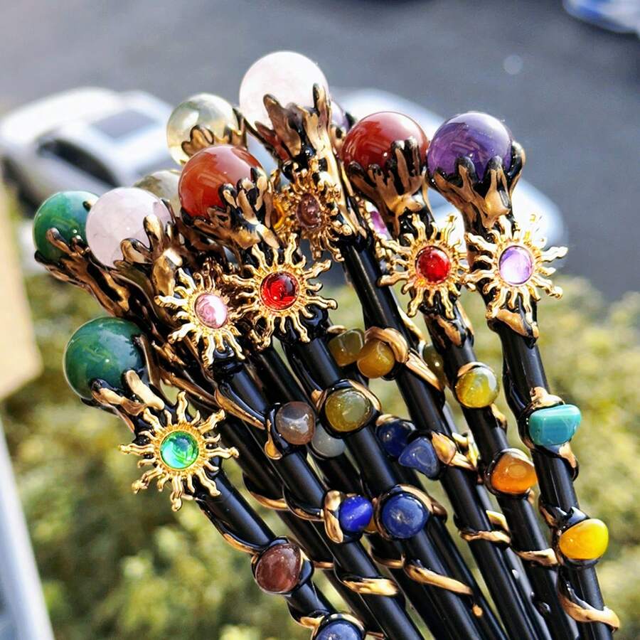 1PC Natural Crystal Magic Wand, Handmade Chakra Healing Stone Witch Wand, Sunflower Design Wizard Scepter, Reiki Energy Spiritual Decor, Cosplay Prop Gift For Witch & Crystal Lovers - Ball Scepter - View 1