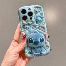 Disney Lilo & Stitch Phone Case, Cute Plush Effect Stitch Design With Mini Stitch & Scrump Accents, Light Blue Wavy Texture With Star & Leaf Graphics, Shockproof Anti-Scratch Soft Case For IPhone 17, 16, 15, 14, 13, 12, And 11 Pro Models.. A Fun Gift For Family, Friends, Birthdays, Holidays, And Special Occasions. - trắng - Xem 2